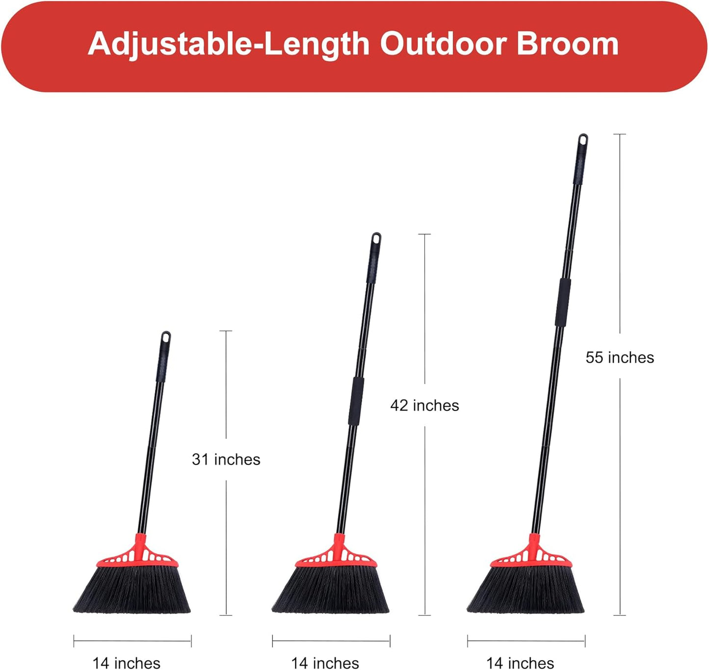 Heavy Duty Angle Broom - 55" Adjustable Iron Handle with Stiff Bristles - Commercial-Grade Indoor/Outdoor Broom for Garage, Patio, Kitchen, Sidewalk & Concrete Cleaning (Black & Red)