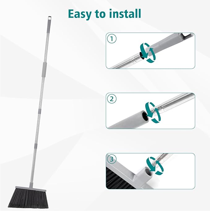 Heavy Duty Broom Outdoor, 58" Long Stainless Steel Handle, Hard Bristle Angle Broom for Floors,Commercial & Industrial Broom for Sweeping Indoor, Garage, Kitchen
