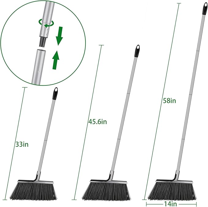 Indoor/Outdoor Broom for Floor Cleaning with 58 inch Long Handle, Angle Brooms Heavy Duty for Home Garage Kitchen Office Courtyard Lobby Lawn Concrete (Gray)