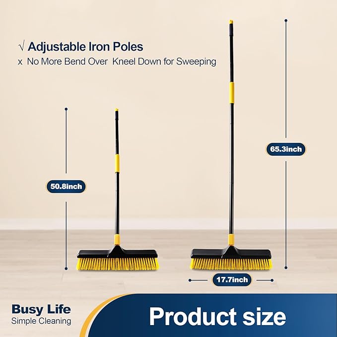 18 Inch Push Broom Heavy-Duty Outdoor Commercial Broom Brush Stiff Bristles for Cleaning Patio Garage Deck Concrete Wood Stone Tile Floor 65.3 inch Long