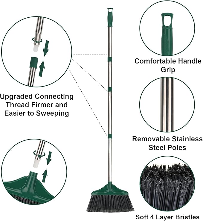 Heavy Duty Broom Outdoor Indoor Commercial Broom with 50 inches Long Handle,Perfect for Home Courtyard Garage Kitchen Office Lobby Room Floor(Black)