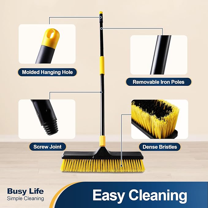 18 Inch Push Broom Heavy-Duty Outdoor Commercial Broom Brush Stiff Bristles for Cleaning Patio Garage Deck Concrete Wood Stone Tile Floor 65.3 inch Long