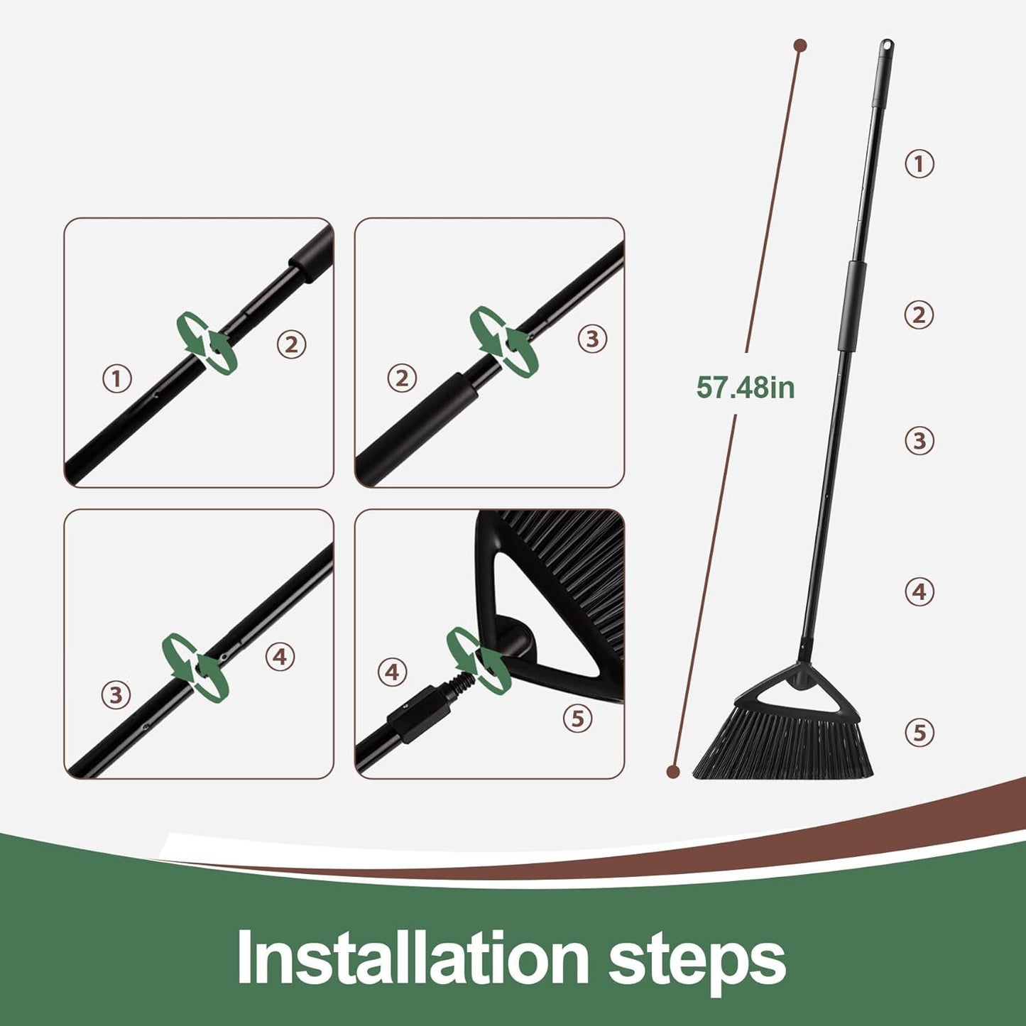 Broom, Angle Broom with 57" Long Handle - Fit Heavy-Duty Cleaning, Also Works Well Fine Dust - Commercial Outdoor Indoor Sweeper for Courtyard, Sidewalk, Deck, Kitchen, Lobby, Garage, Black