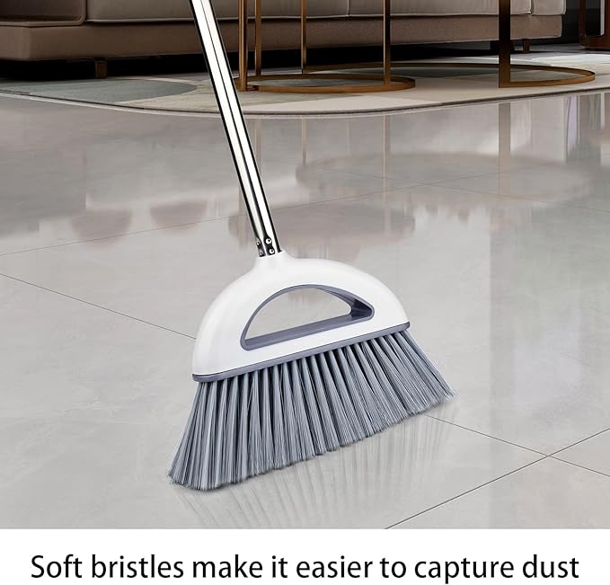 Angle Broom for Hardwood Floors - Soft Bristled Kitchen Broom, Indoor & Office Use (Off White)