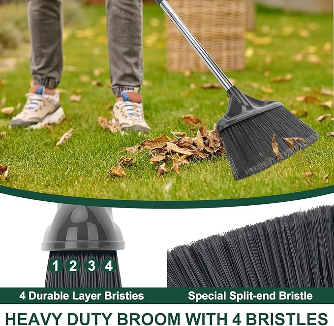 Heavy Duty Broom Outdoor Indoor Commercial Broom with 50 inches Long Handle,Perfect for Home Courtyard Garage Kitchen Office Lobby Room Floor(Black)