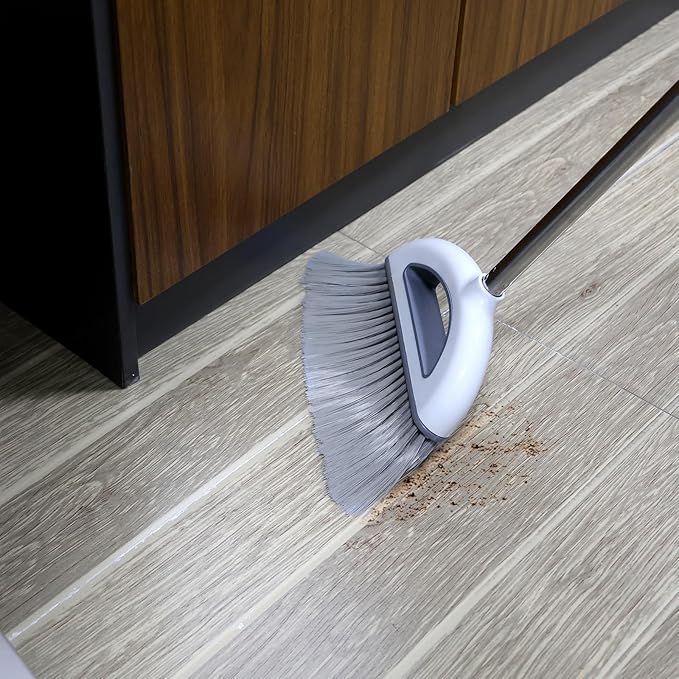Angle Broom for Hardwood Floors - Soft Bristled Kitchen Broom, Indoor & Office Use (Off White)