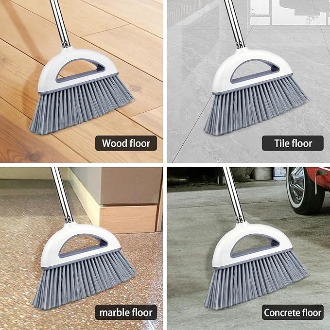 Angle Broom for Hardwood Floors - Soft Bristled Kitchen Broom, Indoor & Office Use (Off White)