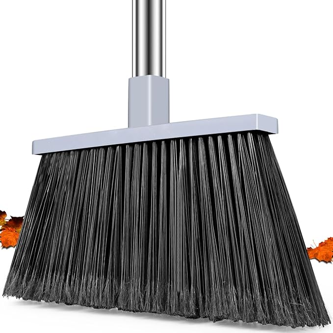 Heavy Duty Broom Outdoor, 58" Long Stainless Steel Handle, Hard Bristle Angle Broom for Floors,Commercial & Industrial Broom for Sweeping Indoor, Garage, Kitchen