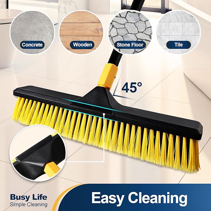 18 Inch Push Broom Heavy-Duty Outdoor Commercial Broom Brush Stiff Bristles for Cleaning Patio Garage Deck Concrete Wood Stone Tile Floor 65.3 inch Long