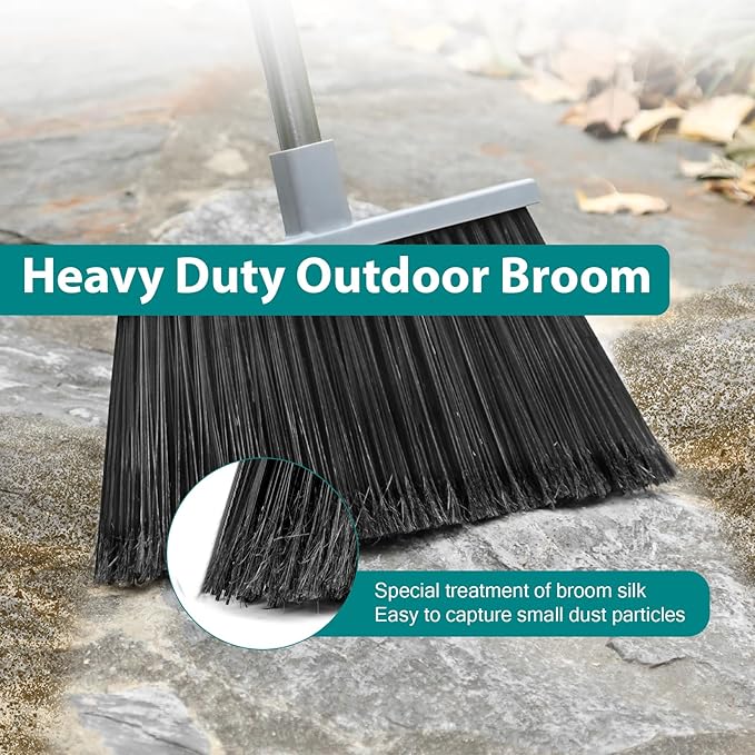 Heavy Duty Broom Outdoor, 58" Long Stainless Steel Handle, Hard Bristle Angle Broom for Floors,Commercial & Industrial Broom for Sweeping Indoor, Garage, Kitchen