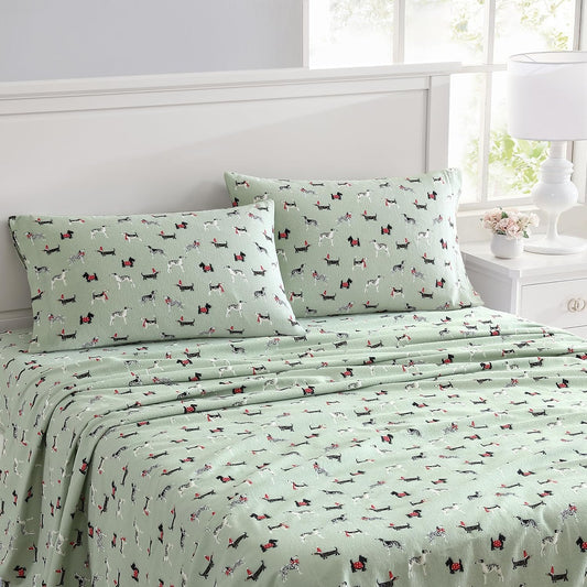 Flannel Cozy Sheet Sets-Holiday Pups Green