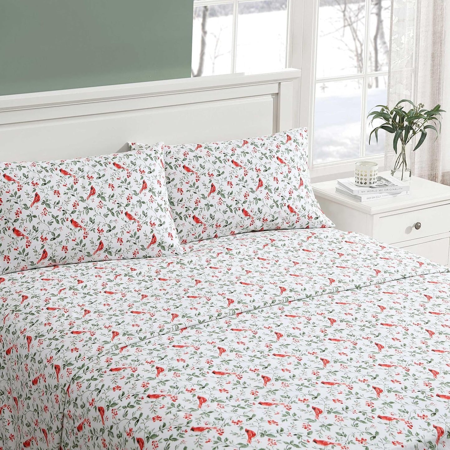Flannel Cozy Sheet Sets-Jolly Cardinals Green