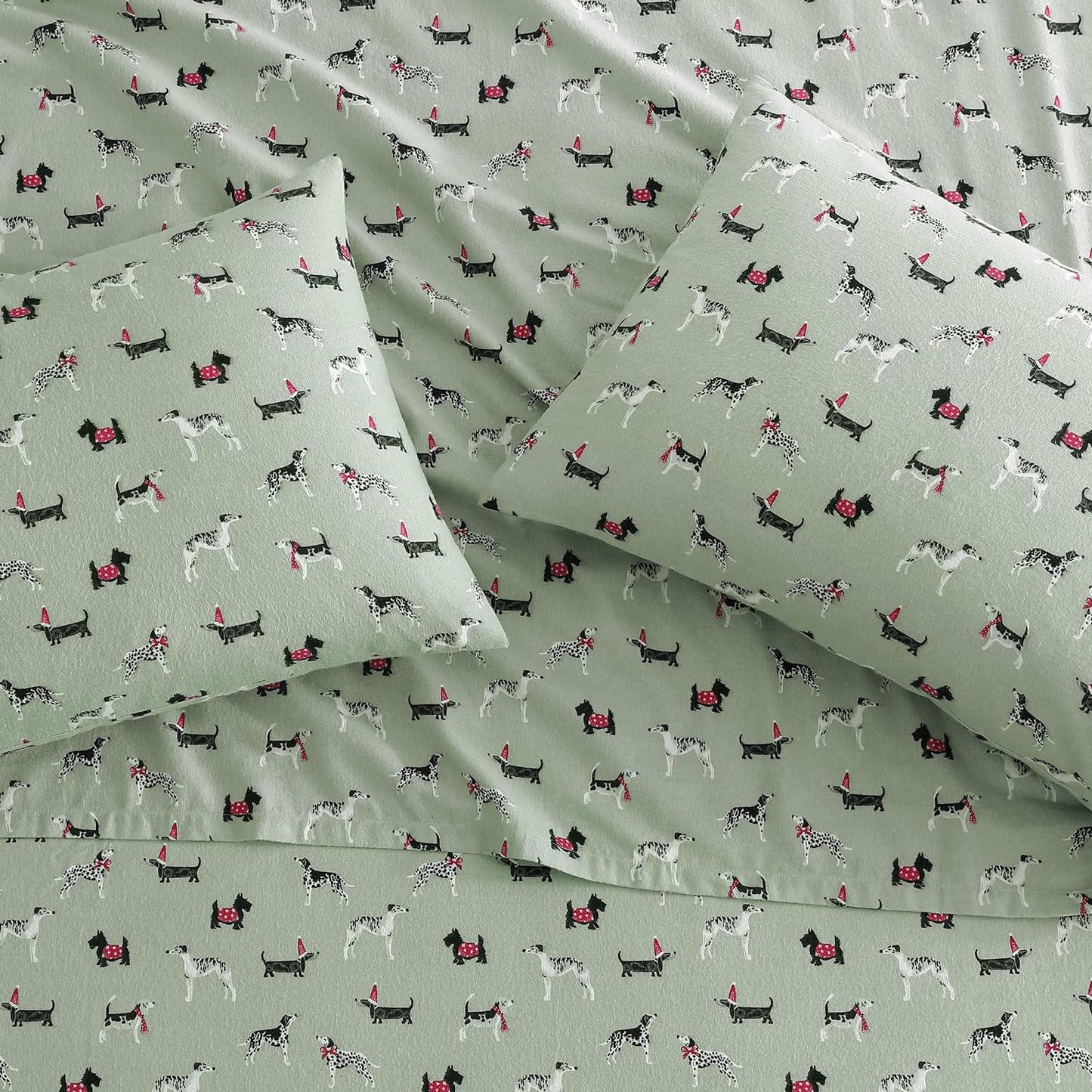 Flannel Cozy Sheet Sets-Holiday Pups Green