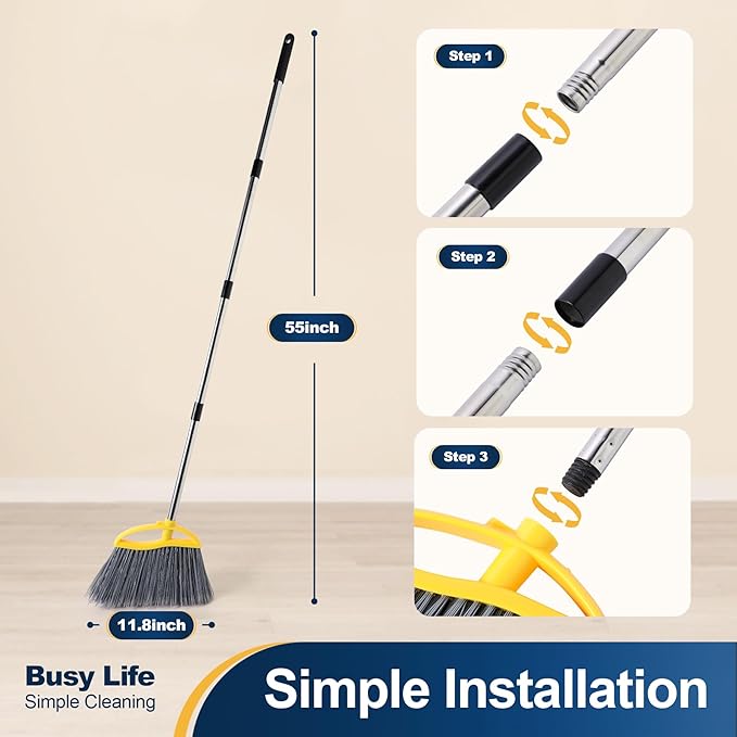 Indoor&Outdoor Broom 55 inch Tall Household Broom Use for Courtyard Kitchen Office Mall Lobby Sweep Dust Fallen Leaves Pet Hair Floor Rubbish